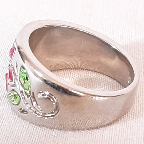 Colorful Band Ring Floral Encrusted Marquise Stones On Silver Tone Setting - Picture 6 of 10